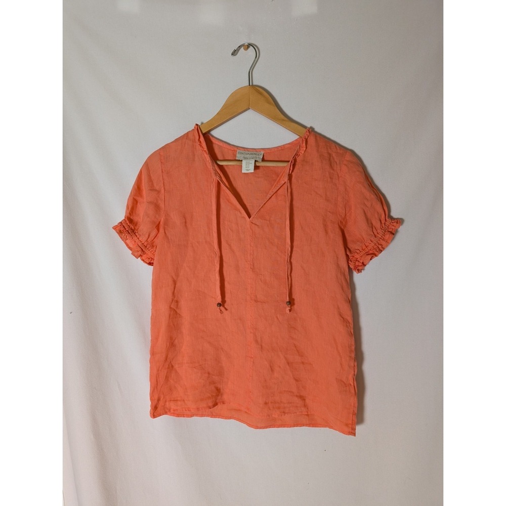Linen Cynthia Rowley Coral Pink Tie Vneck Shirt XS Boho Lagenlook Breathable